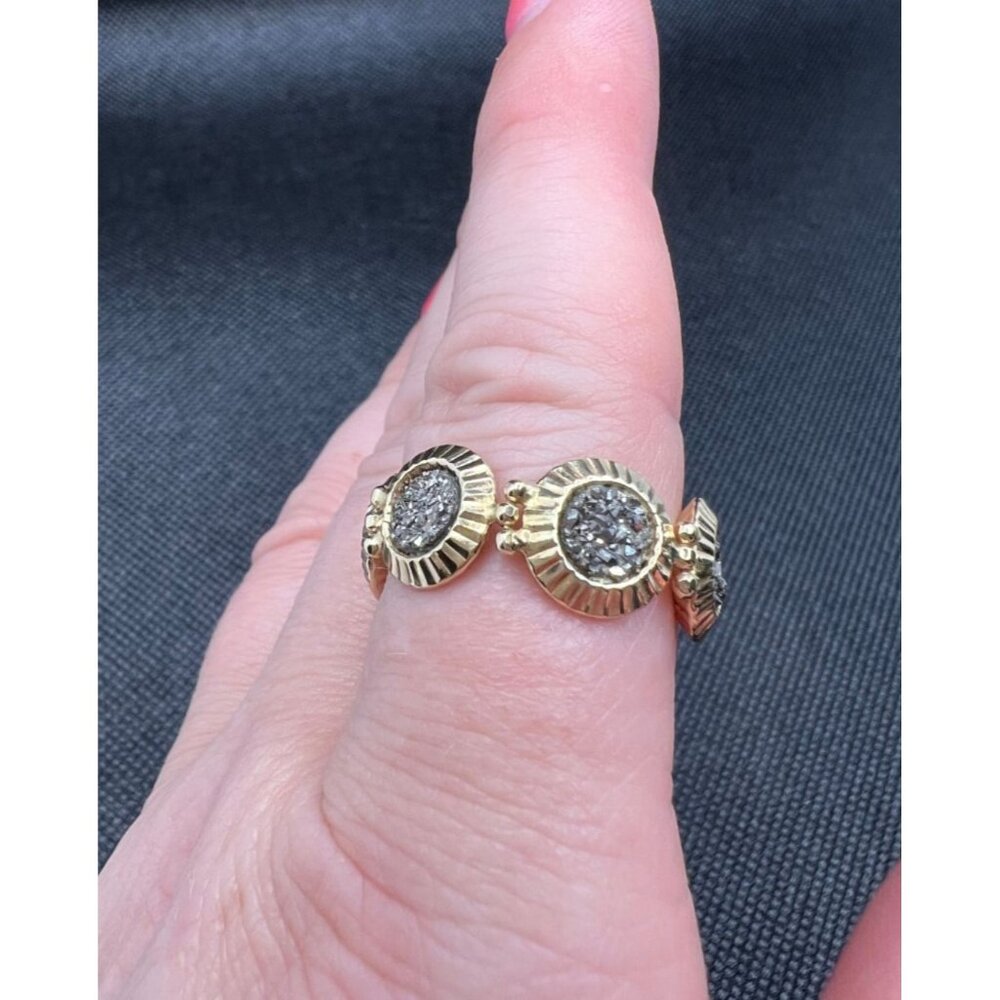 14K Yellow Gold Milor Italy Gray Druzy Medallion Link Ring - Picture 14 of 14